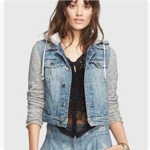 Free People Partial Denim Hoodie Jacket Womens S Cotton Blue Grey Medium Wash